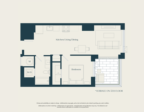 Floor plan for 1 bed, 1 bath, 599 sqft